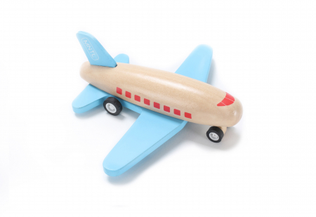 Aventuri pe Roți și Aripi - AVION DIN LEMN NATURAL - ALBASTRU, cu Mecanism de Mișcare