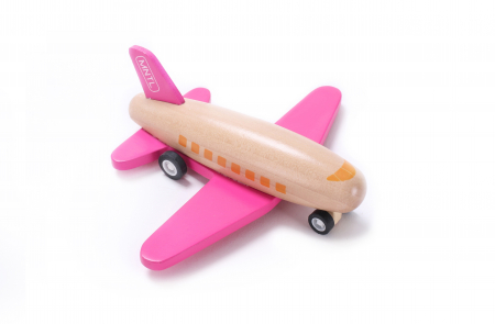 Aventuri pe Roți și Aripi - AVION DIN LEMN NATURAL - ROZ, cu Mecanism de Mișcare