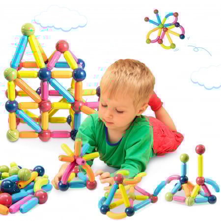 Jocuri Magnetice cu bile și bețe - Set-Construcție-124-Piese-Tije-Tuburi-Magnetice-Bile-Joc-Educativ-Creativ-Copii