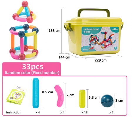 Set de construcție magnetic cu tije și bile, 33 de piese [2]