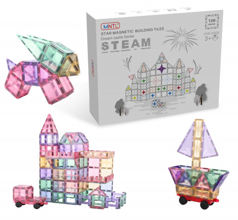 Seturi de Constructie Magnetice - Set-Construcție-Magnetic-MNTL-108-Piese-Magnetic-Tiles-Pastel-2D-3D-stoys.ro
