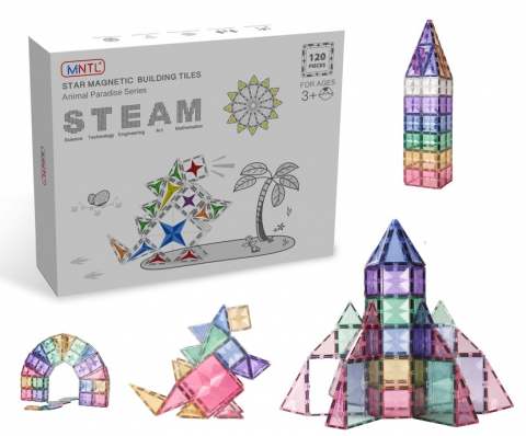 Seturi de Constructie Magnetice - Set-Constructie-Magnetic-Tiles-120-Piese-Forme-Geometrice-Pastel-Stoys
