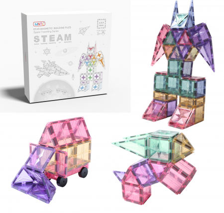Seturi de Constructie Magnetice - set-constructie-magnetic-177-piese-magnetic-tiles-forme-geometrice-pastel-2D-3D-stoys