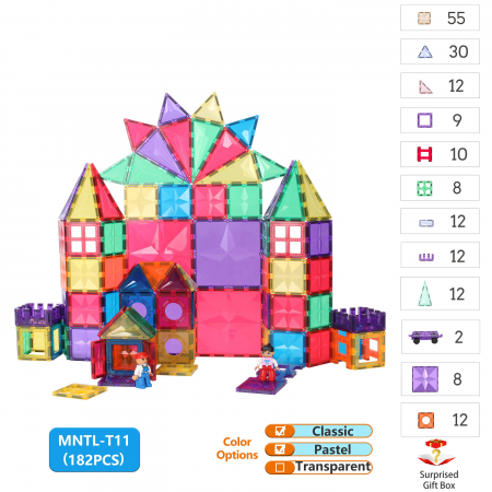 Promoția Lunii - Set de Constructie Magnetic 182 Piese - Culori Pastel și Multicolore Magnetic Tiles - Stoys.ro