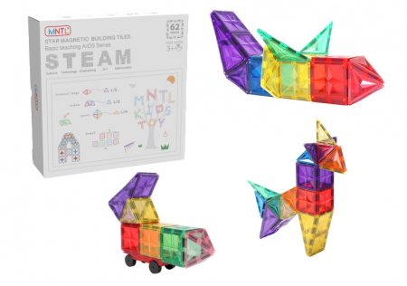 Set de constructie magnetic, 62 piese, Magnetic Tiles, Multicolore de forme geometrice diferite, 2D, 3D