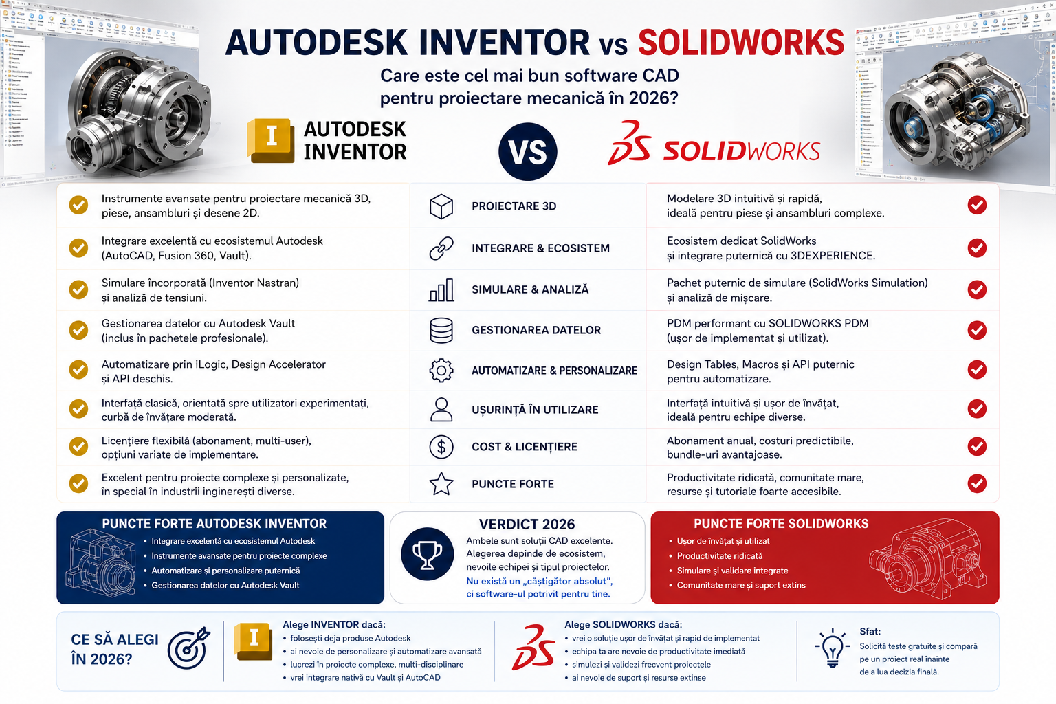 Autodesk Inventor vs SolidWorks: Care este cel mai bun software CAD pentru proiectare mecanică în 2026?