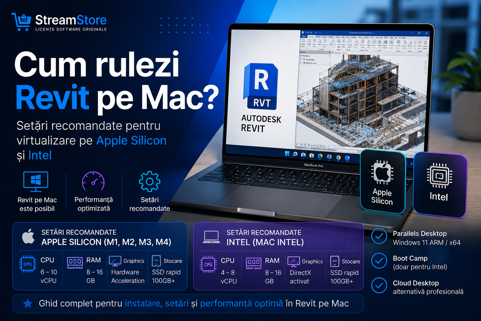 Cum rulezi Revit pe Mac? Setări recomandate pentru virtualizare pe Apple Silicon și Intel