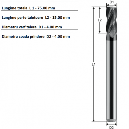 Freza fi 4.0mm din carbura acoperire AlTiN, 4 taisuri - 13615 [5]