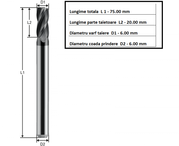 Freza fi 6.0mm. Din carbura acoperire AlTiSiN, 4 taisuri - 13636 [3]