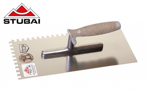 Unelte pentru constructii - Mistrie pentru finisare cu crestaturi, maner din piele, INOX