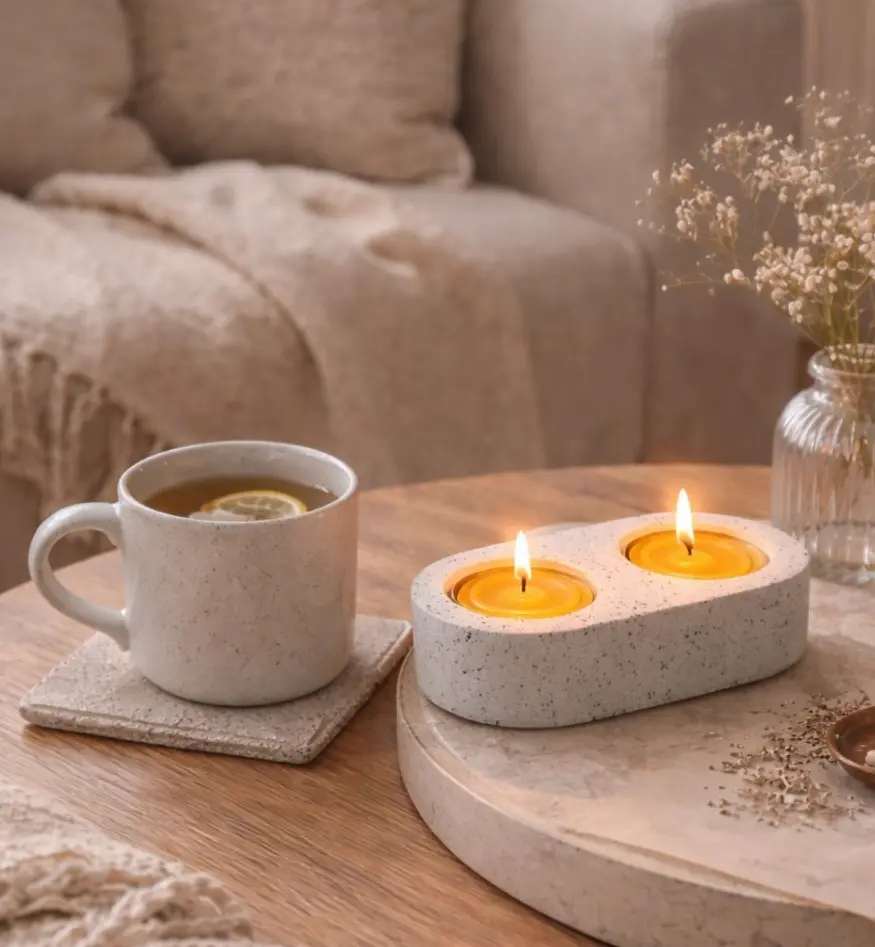 Suport handmade din Jesmonite pentru două lumânări pastilă din ceară de albine [3]
