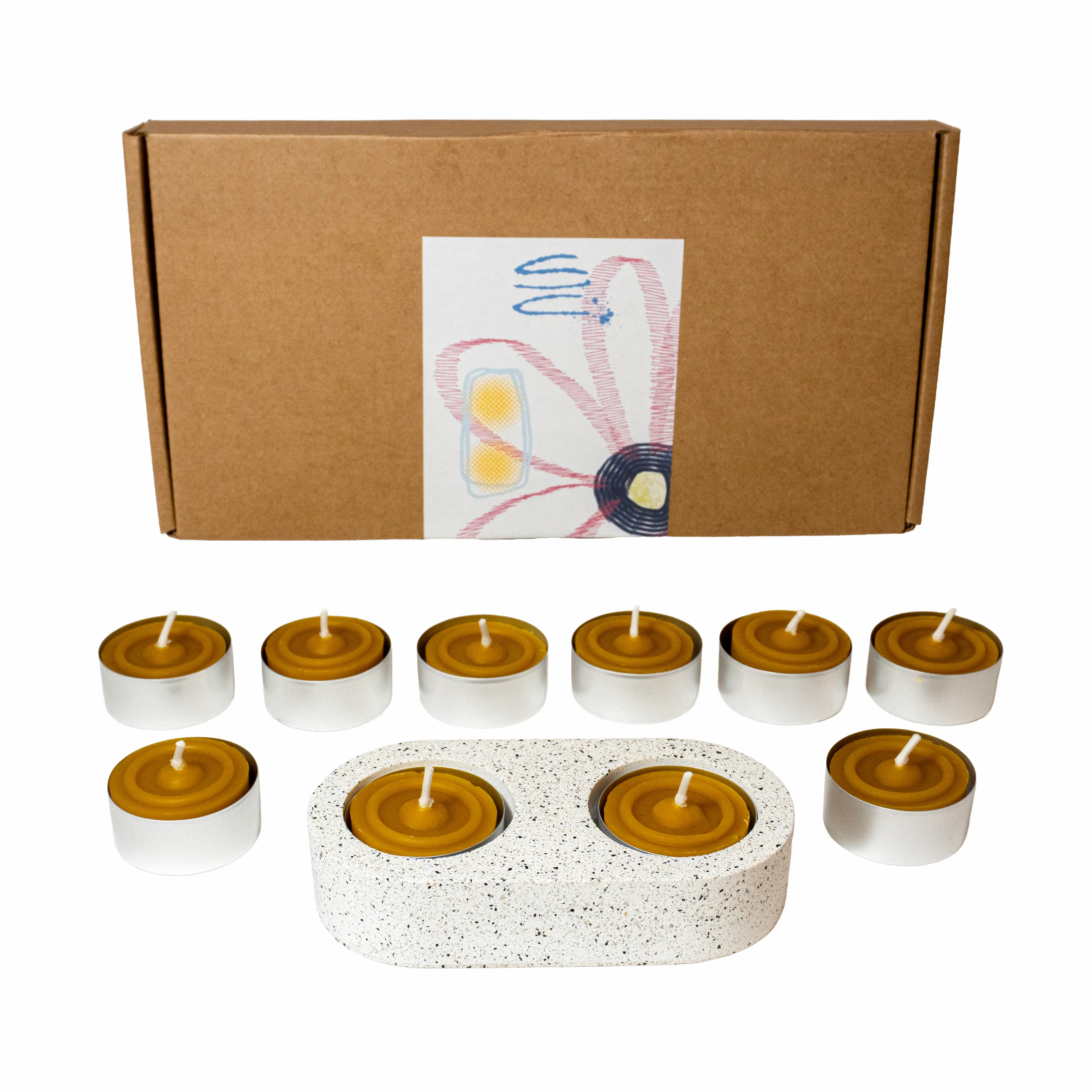 Lumânare din ceară de albine 100% - Lumanari pastila din ceara naturala de albine, 12 buc, cu suport din Jesmonite, 2 locasuri
