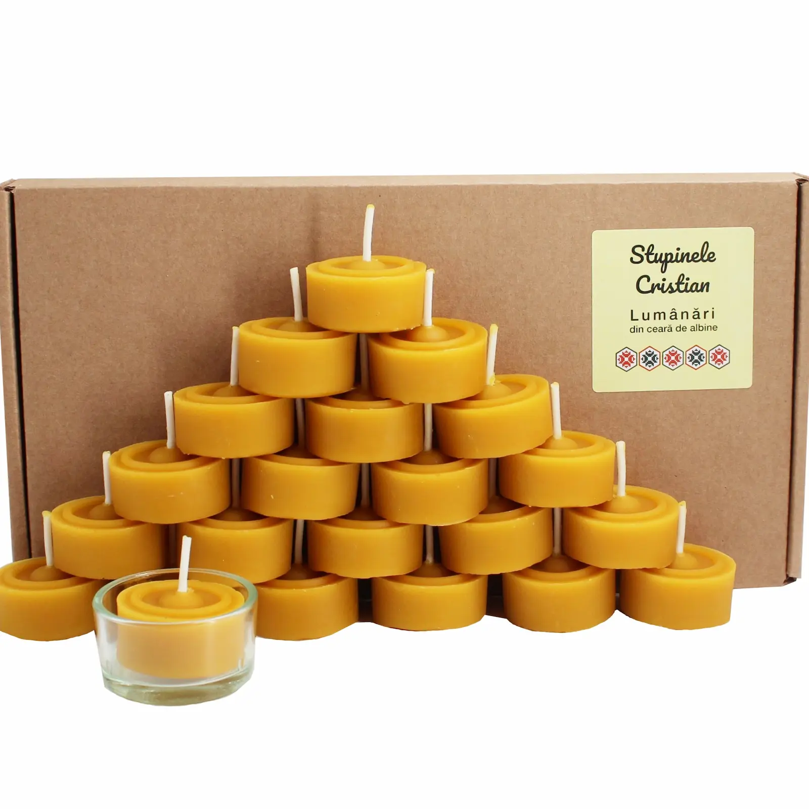 Lumânare din ceară de albine 100% - Lumânări pastilă din ceară naturală de albine – 22 bucăți + suport din sticlă