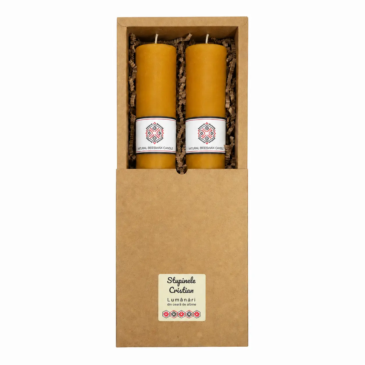 Set cadou cu două lumânări rustice din ceară de albine, 15 cm x Ø5 cm, ambalate în cutie natur [1]