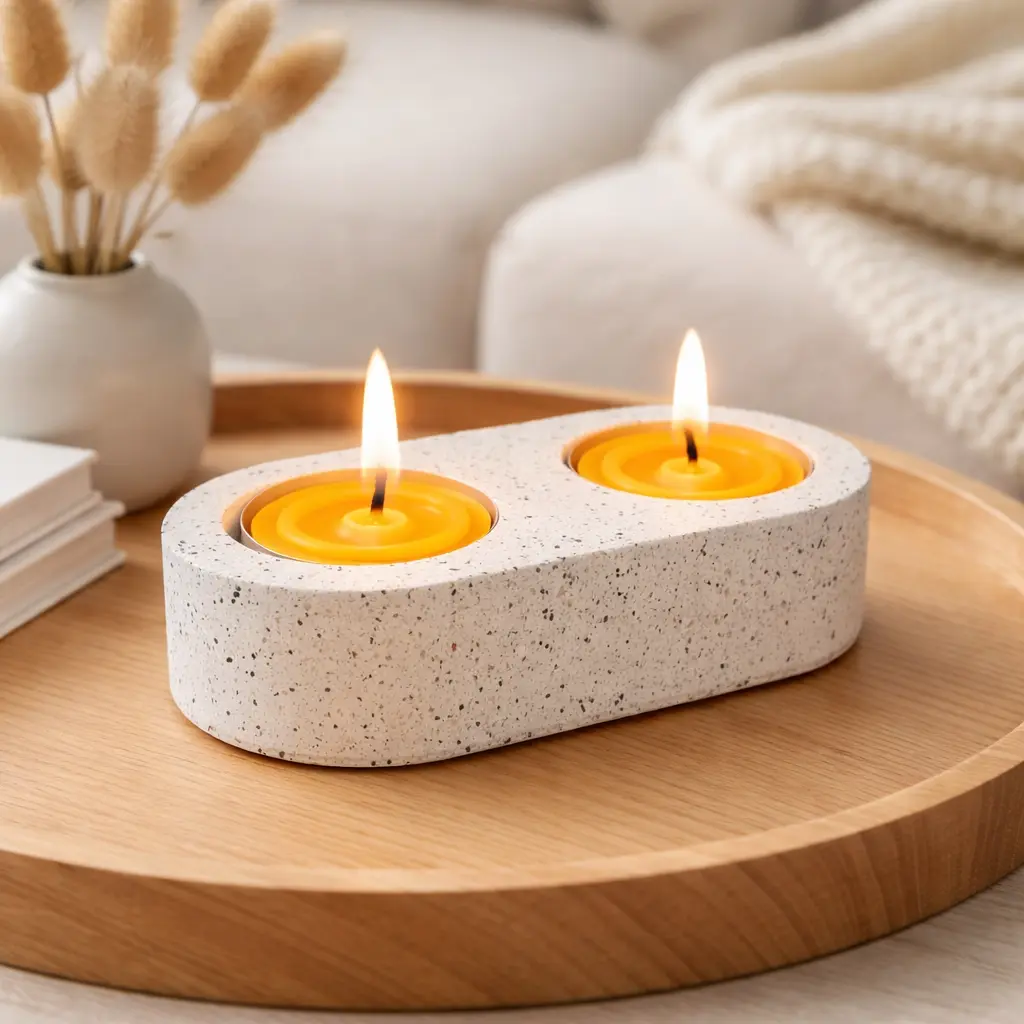Suporturi pentru lumânări - Suport handmade din Jesmonite pentru două lumânări pastilă din ceară de albine