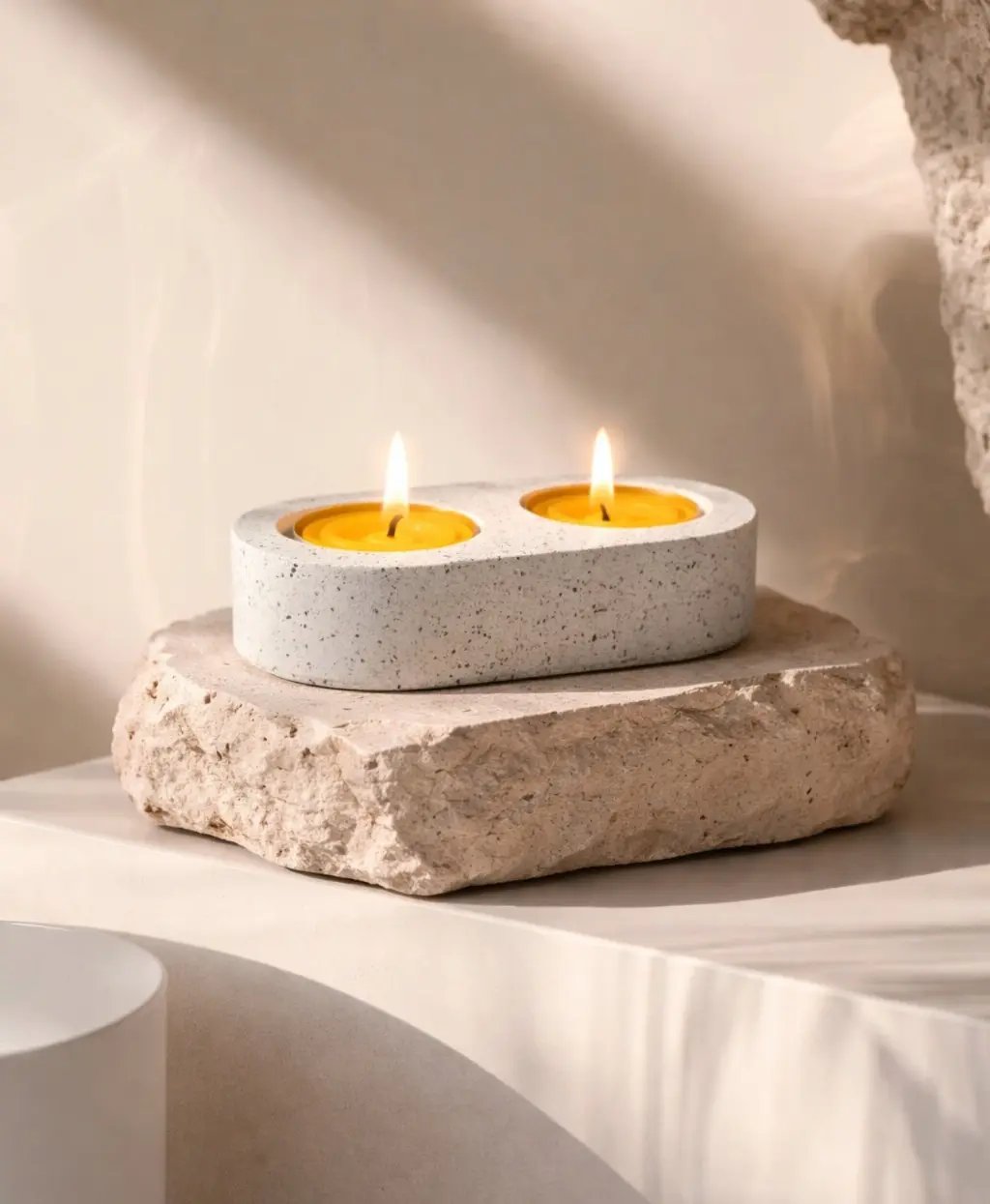 Suport handmade din Jesmonite pentru două lumânări pastilă din ceară de albine [1]