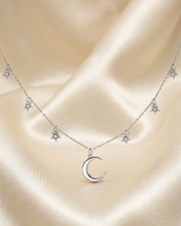 COLIERE - Colier Argint 925 Moon and Stars - Pandantiv Lună și Stele Argintiu Rodiat (47 cm)