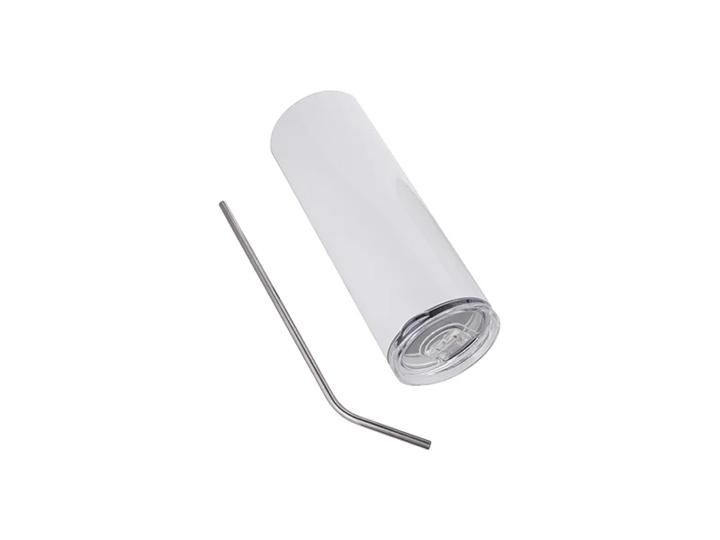 Tumbler alb din inox, cu pai metalic, 600 ml [2]