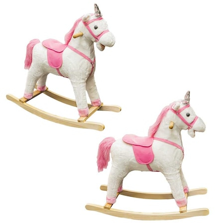 Calut balansoar din lemn si plus, model unicorn, roz/alb, pentru copii, 78 x 28 x 68 cm [2]
