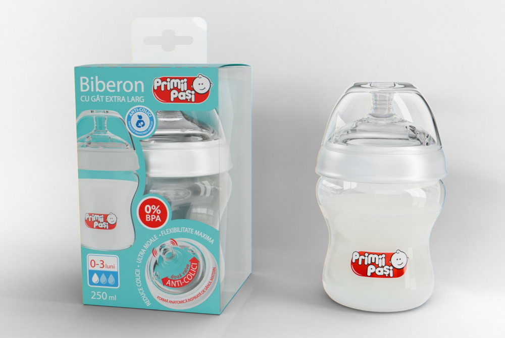 Biberon pentru Bebelusi cu Sistem Anticolici cu Gat Extralarg, Tetina Silicon ultra moale care Imită Sânul Mamei ,  2 Valve de Aerisire, 250 ml [1]