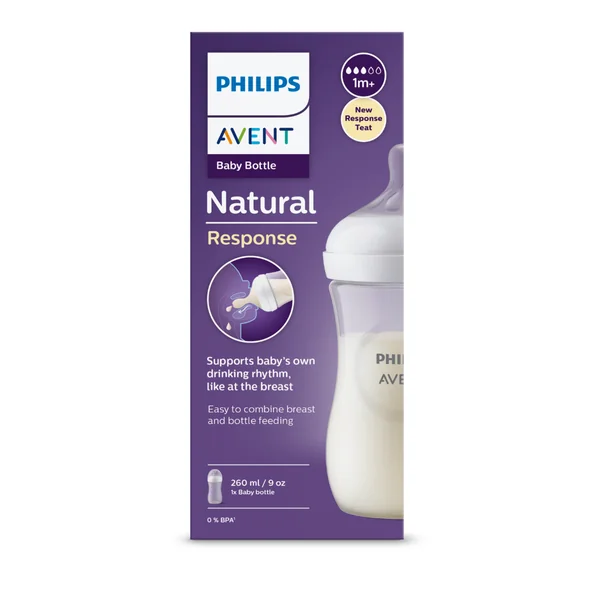Biberon Mare pentru Bebelusi Philips Avent Natural Response , 260 ML, Tetina Reactiva care functioneaza ca Sanul Mamei, Debit 3, Tetina fara scurgeri, +1 luni, Fara BPA, Usor de Curatat [2]