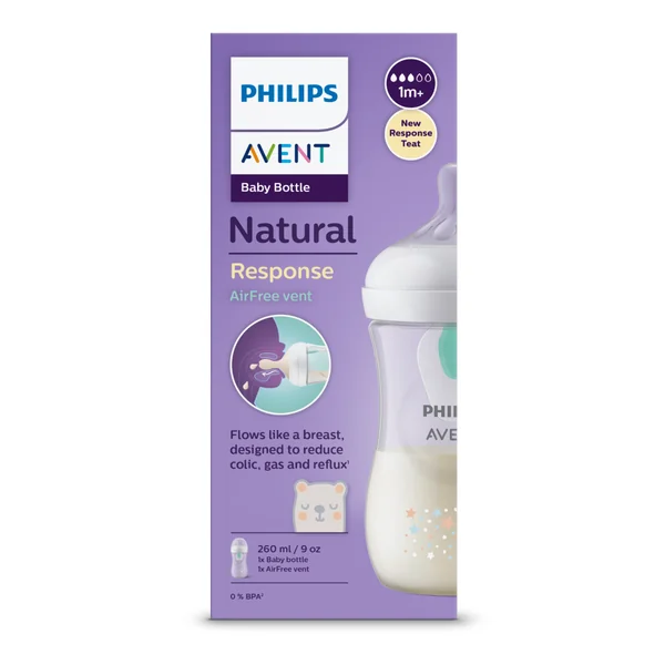 Biberon  Mare pentru Bebelusi Philips Avent Natural Response , cu Dispozitiv Anticolici AirFree, 260 ml, Tetina Reactiva care functioneaza ca Sanul Mamei, cu Debit 3, Tetina fara scurgeri, +1 luni, fara BPA, Usor de Curatat [2]