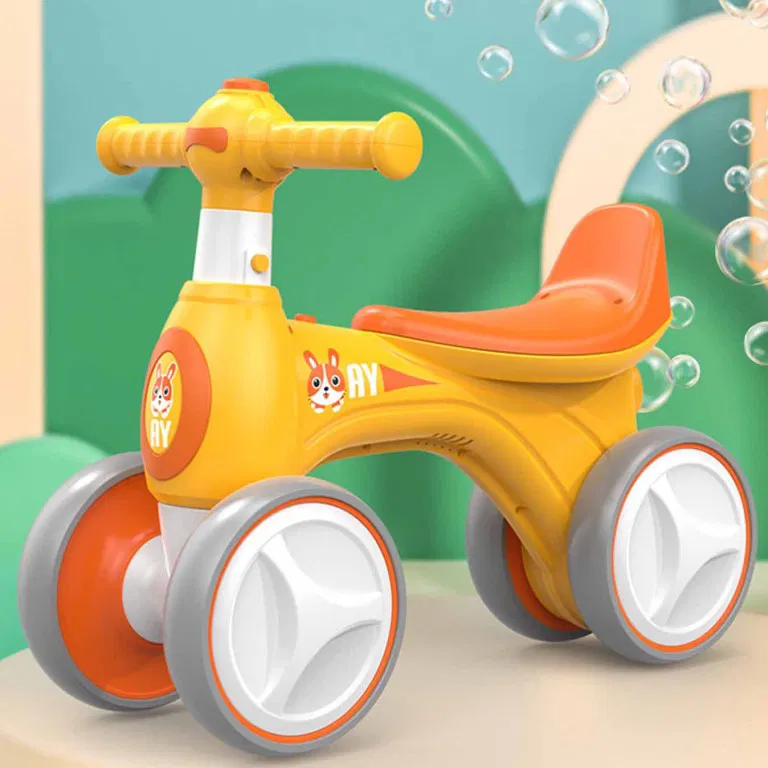 Bicicleta fara Pedale Ride-On Balance Bike pentru Copii  cu 4 Roti Silentioase, Muzica , Lumini si Baloane de Sapun -  Galben Multicolor [2]