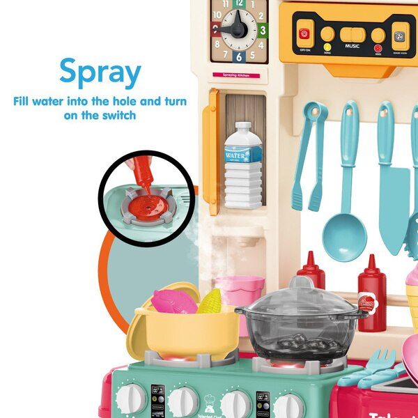 Bucatarie Multifunctionala pentru Copii, 67 Piese , cu Cuptor si Microunde, Chiuveta cu Apa la Robinet, Generator de Abur, Sunete si Lumini, 79 cm Inaltime, Numeroase Accesorii pentru Gatit, Roz [6]