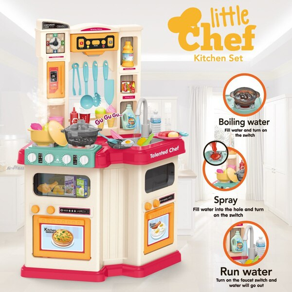 Bucatarie Multifunctionala pentru Copii, 67 Piese , cu Cuptor si Microunde, Chiuveta cu Apa la Robinet, Generator de Abur, Sunete si Lumini, 79 cm Inaltime, Numeroase Accesorii pentru Gatit, Roz [3]