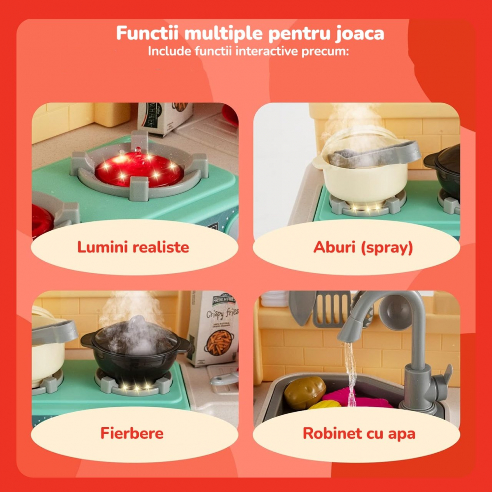 Bucatarie Multifunctionala pentru Copii, 67 Piese , cu Cuptor si Microunde, Chiuveta cu Apa la Robinet, Generator de Abur, Sunete si Lumini, 79 cm Inaltime, Numeroase Accesorii pentru Gatit, Roz [8]