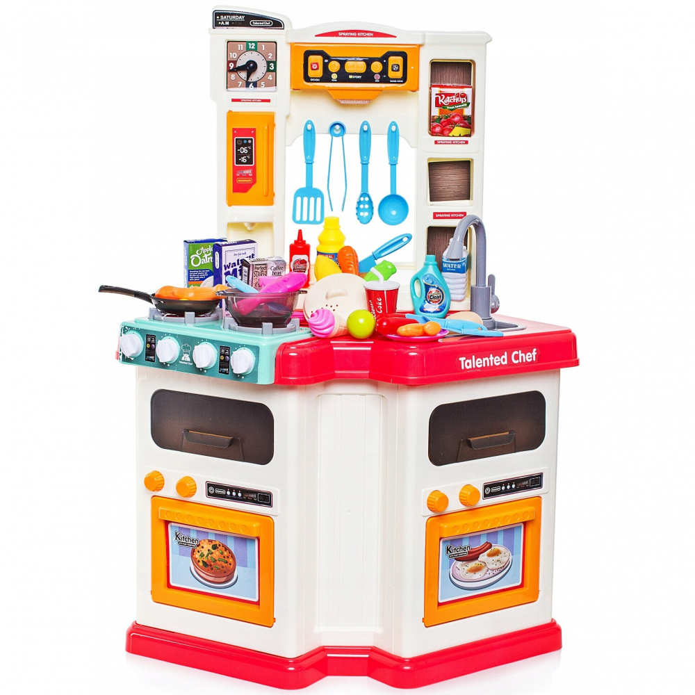 Bucatarie Multifunctionala pentru Copii, 67 Piese , cu Cuptor si Microunde, Chiuveta cu Apa la Robinet, Generator de Abur, Sunete si Lumini, 79 cm Inaltime, Numeroase Accesorii pentru Gatit, Roz [2]