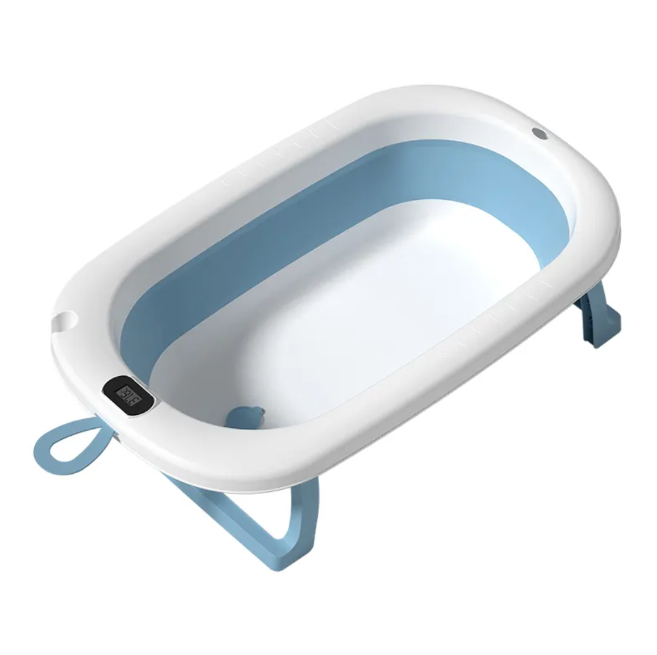 Cadita Pliabila pentru Bebelusi  cu Termometru Digital , Dop de Scurgere, Picioare Anti Alunecare Design Ergonomic - Albastru cu Alb [4]