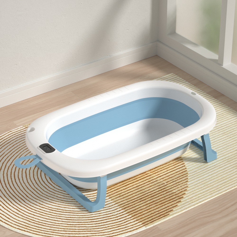 Cadita Pliabila pentru Bebelusi  cu Termometru Digital , Dop de Scurgere, Picioare Anti Alunecare Design Ergonomic - Albastru cu Alb [5]