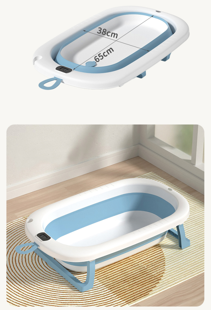 Cadita Pliabila pentru Bebelusi  cu Termometru Digital , Dop de Scurgere, Picioare Anti Alunecare Design Ergonomic - Roz cu Alb [7]