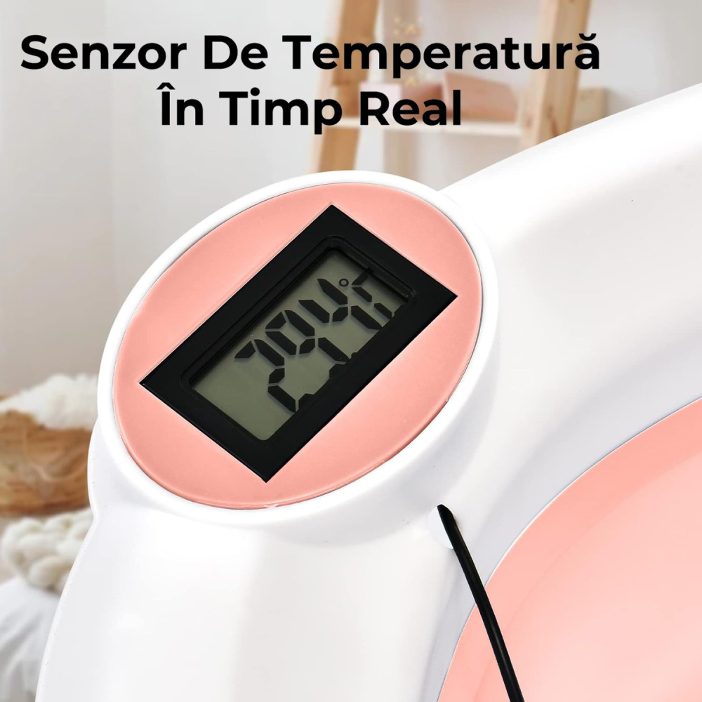 Cadita Pliabila pentru Bebelusi  cu Termometru Digital , Dop de Scurgere, Picioare Anti Alunecare Design Ergonomic - Roz cu Alb [4]