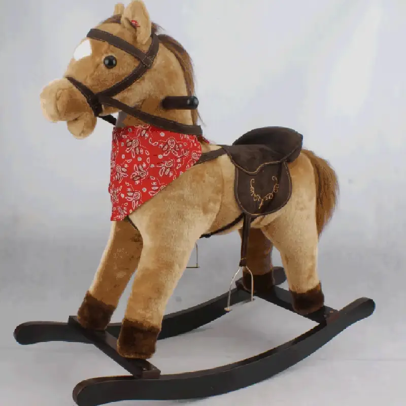 Calut Balansoar Multifunctional 2in1 din Plus Catifelat cu Melodii - Rocking Horse DeLuxe, Cu roti si Functie de Leagan Balansoar, Platforma Detasabila, Dimensiuni 74x37x64 cm, Max 50 kg, Maro Deschis [2]