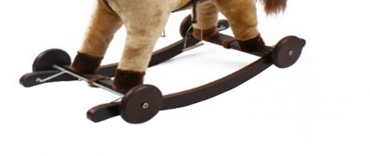 Calut Balansoar Multifunctional 2in1 din Plus Catifelat cu Melodii - Rocking Horse DeLuxe, Cu roti si Functie de Leagan Balansoar, Platforma Detasabila, Dimensiuni 74x37x64 cm, Max 50 kg, Maro Deschis [6]