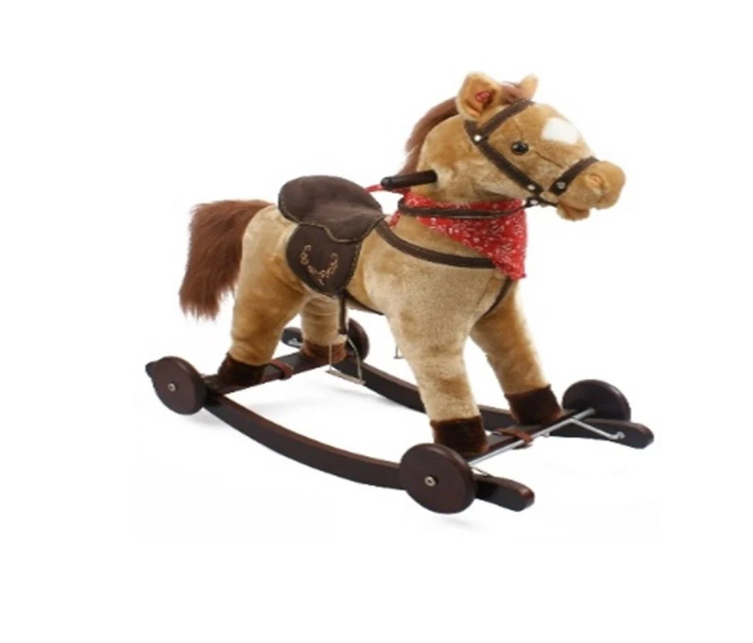 Calut Balansoar Multifunctional 2in1 din Plus Catifelat cu Melodii - Rocking Horse DeLuxe, Cu roti si Functie de Leagan Balansoar, Platforma Detasabila, Dimensiuni 74x37x64 cm, Max 50 kg, Maro Deschis [4]