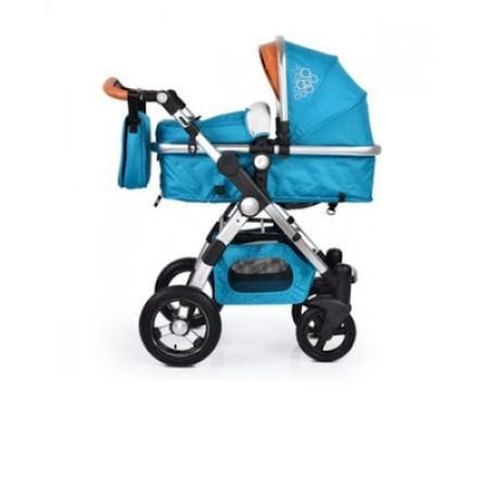 Carucior 3 in 1 lux, Scoica inclusa, maner reversibil, suspensie dubla, parasolar cu piele, Turcoaz [2]