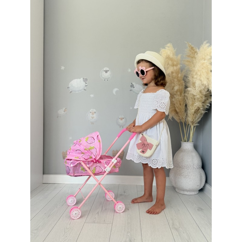 Carucior Landou cu Bare Metalice si Copertina pentru Papusi , Pliabil cu Roti duble pentru Interior sau Exterior , Dimensiuni 51 x 31 x H57 cm, Culoare Roz [14]