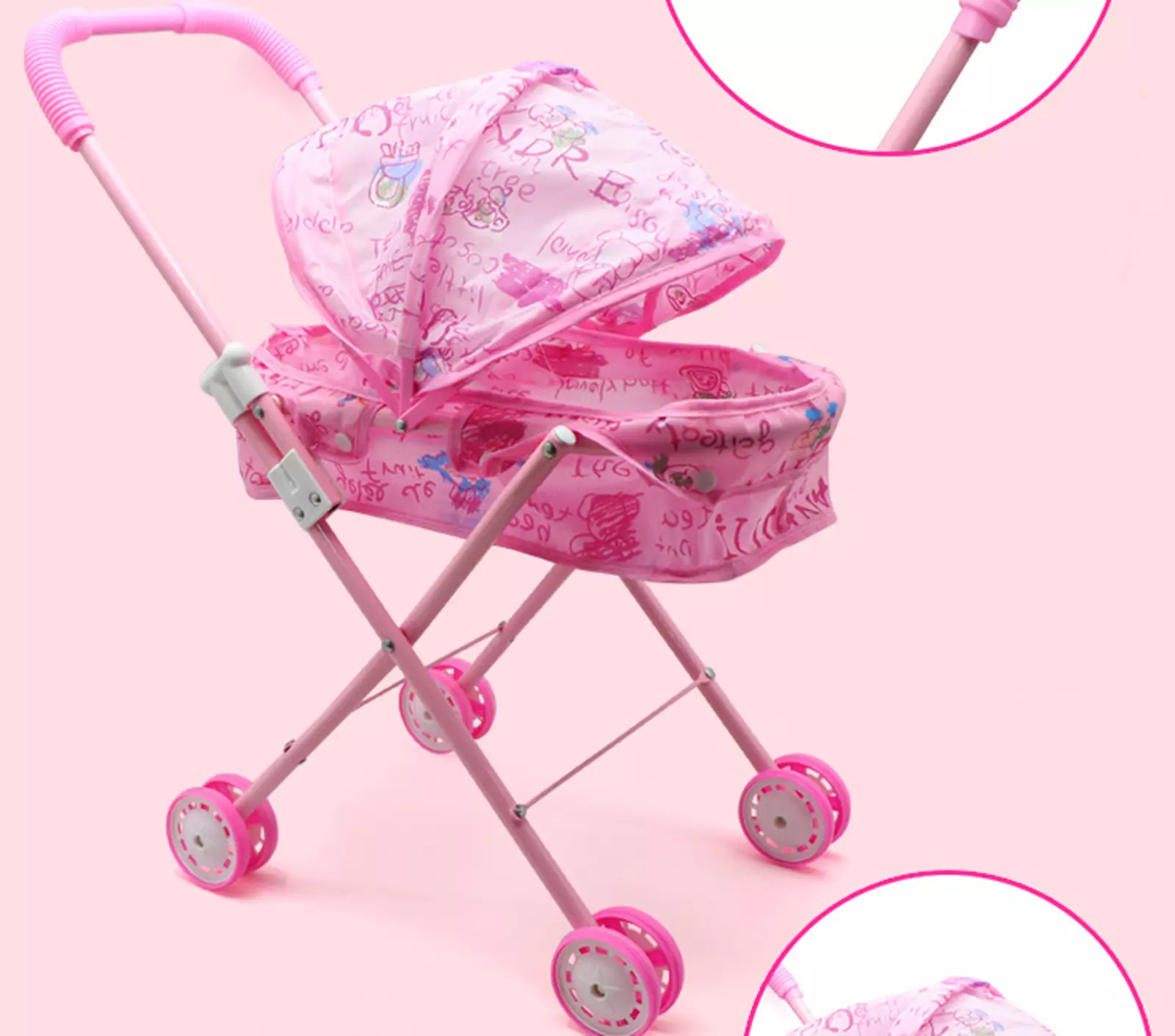 Carucior Landou cu Bare Metalice si Copertina pentru Papusi , Pliabil cu Roti duble pentru Interior sau Exterior , Dimensiuni 51 x 31 x H57 cm, Culoare Roz [7]
