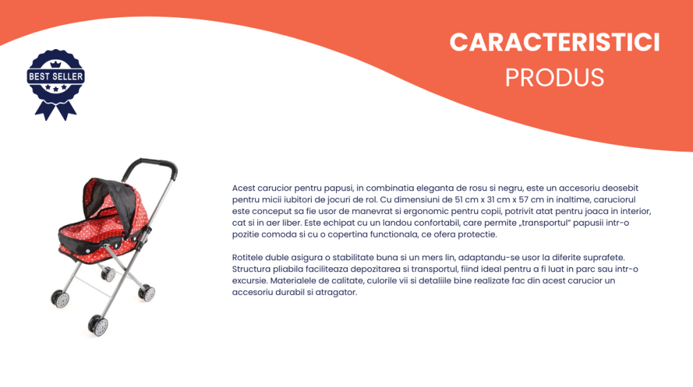 Carucior Landou pentru Papusi, Cadru Metalic, Pliabil, Copertina Reglabila , Roti Duble, 51 x 31 x H57 Cm, Rosu cu Negru [4]