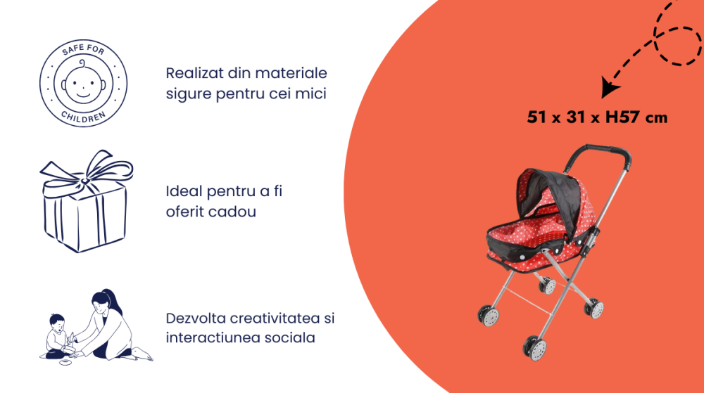 Carucior Landou pentru Papusi, Cadru Metalic, Pliabil, Copertina Reglabila , Roti Duble, 51 x 31 x H57 Cm, Rosu cu Negru [5]