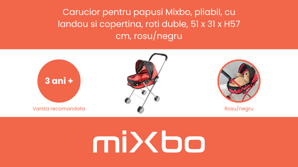 Carucior Landou pentru Papusi, Cadru Metalic, Pliabil, Copertina Reglabila , Roti Duble, 51 x 31 x H57 Cm, Rosu cu Negru [3]