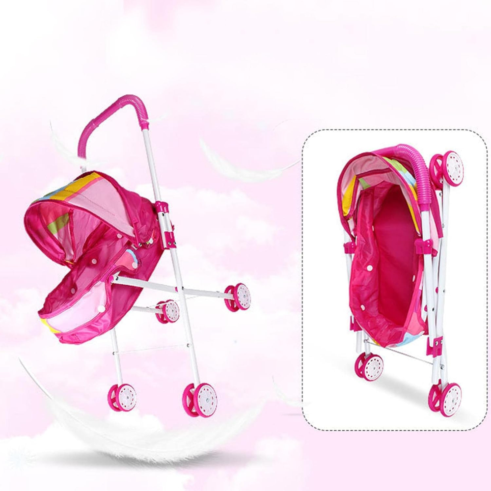 Carucior Landou pentru Papusi Hello Doll cu Cadru Metalic si Roti  Eva, Roz cu Dungi [5]