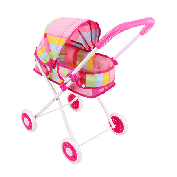 Carucior Landou pentru Papusi Hello Doll cu Cadru Metalic si Roti  Eva, Roz cu Dungi [3]