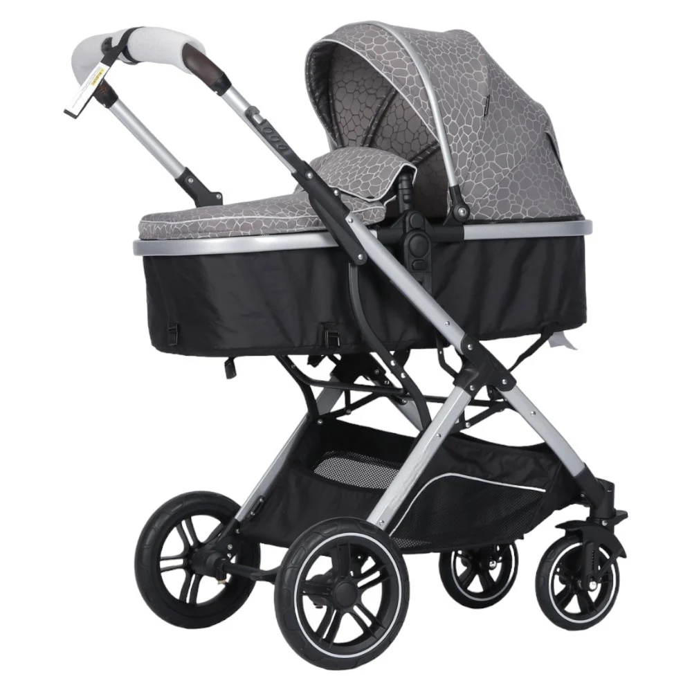 Carucior Multifunctional 2 in 1,  Suspensii si Roti de Cauciuc  Rezistente,  Maner Reversibil, Parasolar Anti UV, Cadru Otel+Aluminiu, Frana- Picior , GRI  Crocodil [3]