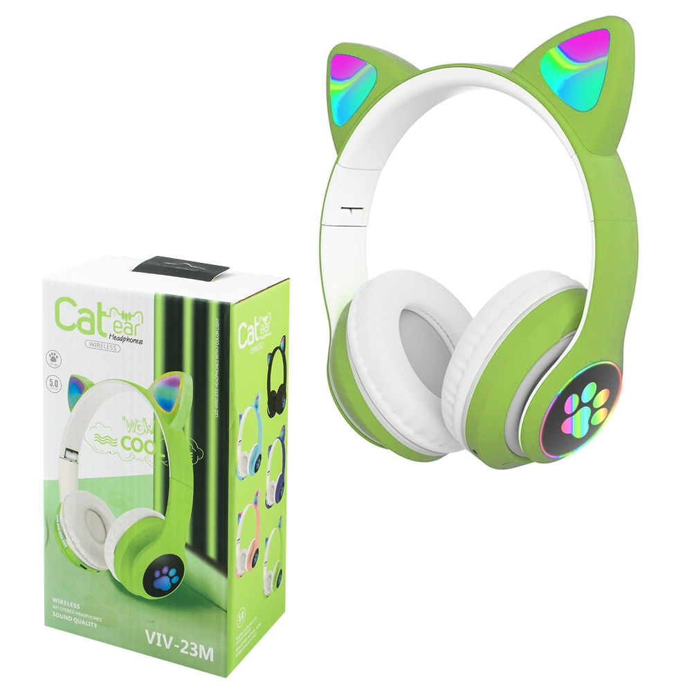 Casti Bluetooth pentru Copii  Design  Urechi de Pisica Iluminate Led, Model Labute  Set  Verde [1]