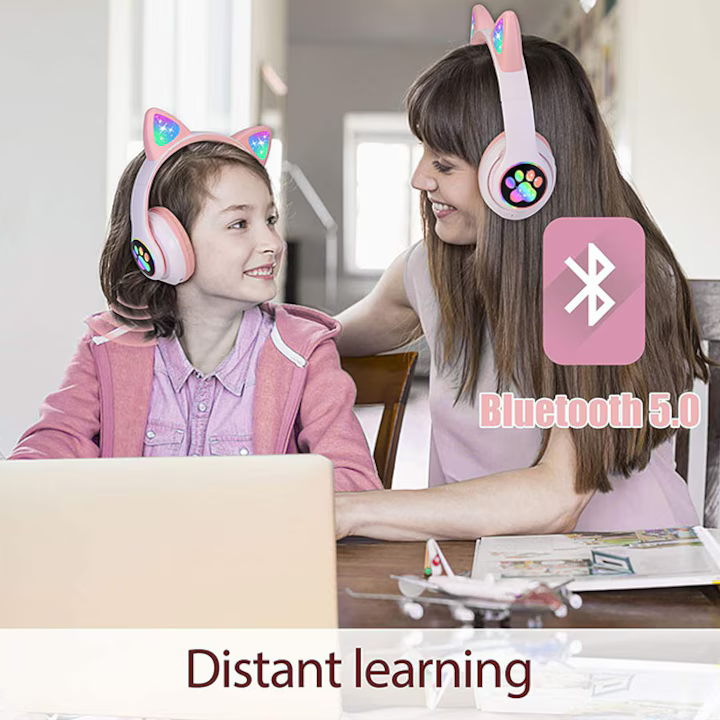 Casti Bluetooth Wireless Pliabile  pentru Copii cu Microfon Incorporat, Radio FM , MicroSD, Intrare USB- Design Urechi de Pisica Iluminate Led, Model Labute - Set  Turcoaz [4]