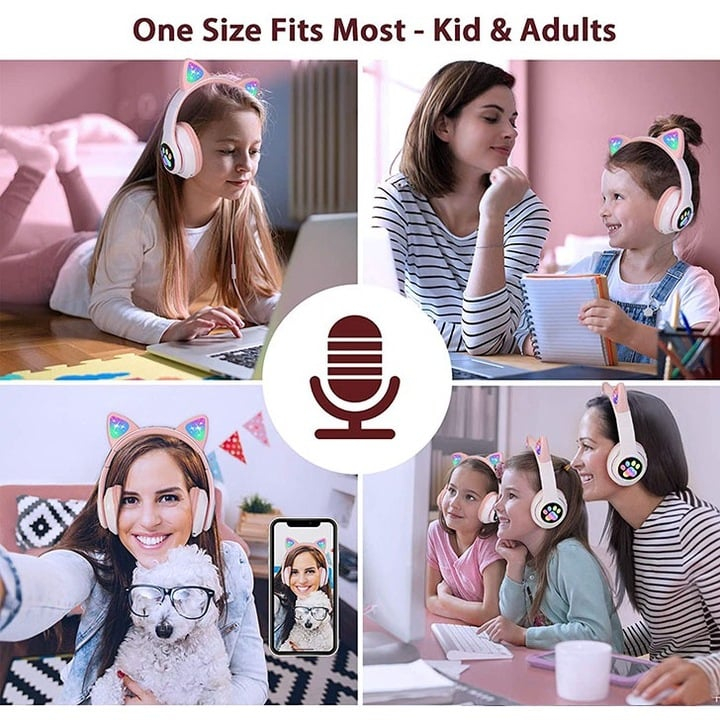 Casti Bluetooth Wireless Pliabile  pentru Copii cu Microfon Incorporat, Radio FM , MicroSD, Intrare USB- Design Urechi de Pisica Iluminate Led, Model Labute - Set  Turcoaz [5]